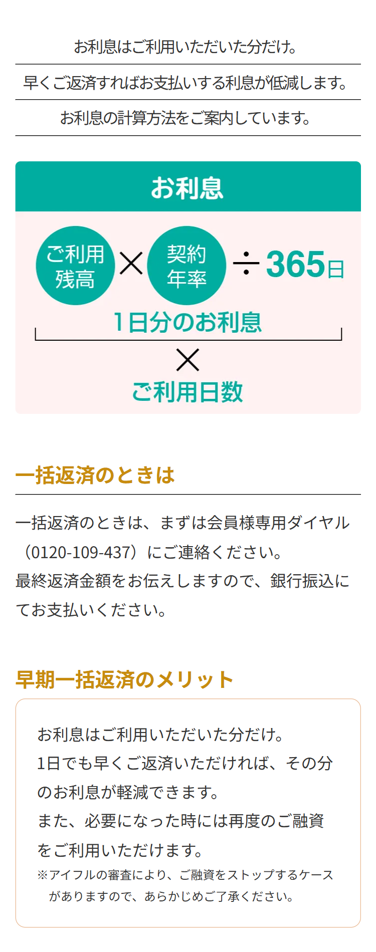 お利息はご利用いただいた分だけ。
早くご返済すればお支払いする利息が低減します。
お利息の計算方法をご案内しています。
お利息
ご利用
☑
契約
÷365日
残高
年率
1日分のお利息
×
ご利用日数
一括返済のときは
一括返済のときは、 まずは会員様専用ダイヤル
(0120-109-437) にご連絡ください。
最終返済金額をお伝えしますので、 銀行振込に
てお支払いください。
早期一括返済のメリット
お利息はご利用いただいた分だけ。
1日でも早くご返済いただければ、その分
のお利息が軽減できます。
また、必要になった時には再度のご融資
をご利用いただけます。
※アイフルの審査により、ご融資をストップするケース
がありますので、あらかじめご了承ください。