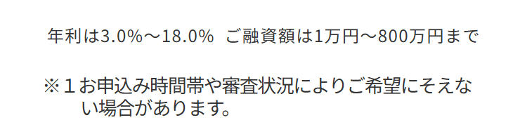 年利は3.0%~18.0% ご融資額は1万円~800万円まで
※1お申込み時間帯や審査状況によりご希望にそえな
い場合があります。