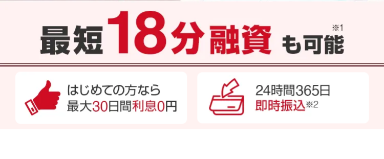 最短
18分融資 も可能
はじめての方なら
最大30日間利息0円
24時間365日
即時振込*2
